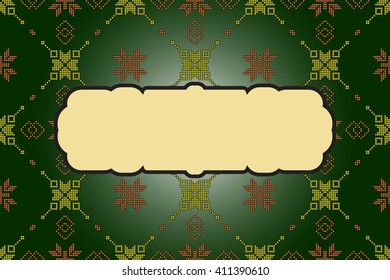 Mosaic seamless pattern on dark green background. frame for text. Vector Image. Graphic arts, design, game industry.