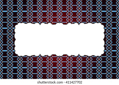 Mosaic seamless pattern on dark red background with frame for text. Interlacing curves pattern. Vector illustration. For wallpaper, textile and light industry, design. 