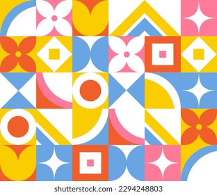 Mosaic seamless pattern. Repeating design element for printing on fabric, textile or cotton. Ornament from different geometric colorful figures. Cartoon flat vector illustration