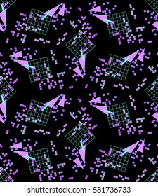 Mosaic seamless pattern. Universal print in the style of the 80s. Geometric shapes purple shades on a black background. Vector illustration EPS 8