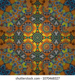 Mosaic seamless pattern. Vector illustration. Background of geometric shapes and Mandalas in orange, yellow and blue colors.