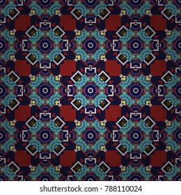 Mosaic seamless pattern. Vector illustration. Background of geometric shapes and Mandalas in blue, red and black colors.