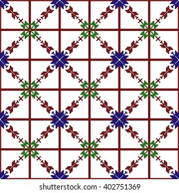 Mosaic seamless pattern. Vector Image. Red, green and blue colors. Graphic arts, design, textile industry.