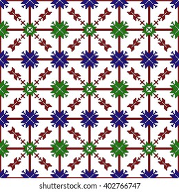 Mosaic seamless pattern. Vector Image. Red, green and blue colors. Graphic arts, design, textile industry.