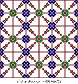 Mosaic seamless pattern. Vector Image. Red, green and blue colors. Graphic arts, design, textile industry.