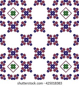 Mosaic seamless pattern. Vector Image. Red and blue colors. For embroidery pattern
