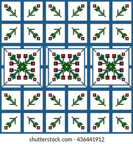 Mosaic seamless pattern. Vector Image. Red, green and blue colors. Graphic arts, design, textile industry.