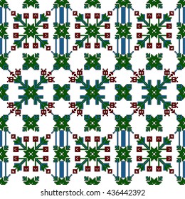 Mosaic seamless pattern. Vector Image. Red, green and blue colors. Graphic arts, design, textile industry.