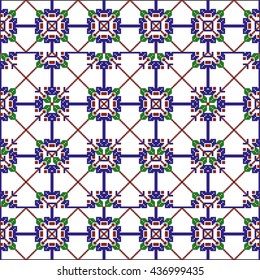 Mosaic seamless pattern. Vector Image. Red, green and blue colors. Graphic arts, design, textile industry.