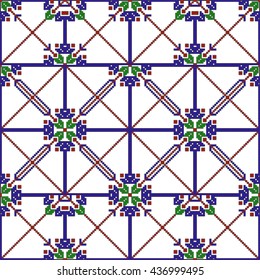 Mosaic seamless pattern. Vector Image. Red, green and blue colors. Graphic arts, design, textile industry.