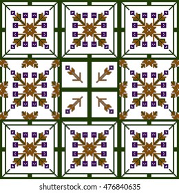 Mosaic seamless pattern. Vector Image. Green, golden, purple colors. For embroidery pattern. for the textile industry, home crafts