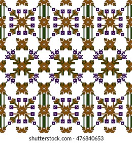 Mosaic seamless pattern. Vector Image. Green, golden, purple colors. For embroidery pattern. for the textile industry, home crafts