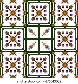 Mosaic seamless pattern. Vector Image. Green, golden, purple colors. For embroidery pattern. for the textile industry, home crafts