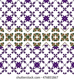 Mosaic seamless pattern. Vector Image. Green, golden, purple colors. For embroidery pattern. for the textile industry, home crafts
