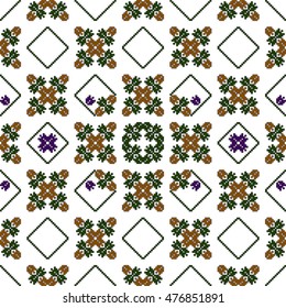 Mosaic seamless pattern. Vector Image. Green, golden, purple colors. For embroidery pattern. for the textile industry, home crafts