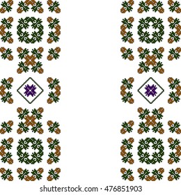 Mosaic seamless pattern. Vector Image. Green, golden, purple colors. For embroidery pattern. for the textile industry, home crafts