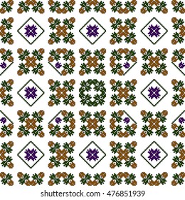 Mosaic seamless pattern. Vector Image. Green, golden, purple colors. For embroidery pattern. for the textile industry, home crafts