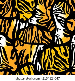 Mosaic seamless pattern with white and orange tiger skin texture. Popular patchwork design for home decor, cover, fabric, textile, wallpaper, surface, modern print. Vector illustration.