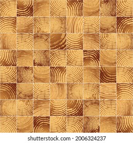 Mosaic seamless pattern from wooden square bars. The texture of the saw cut wood. Tree trunk rings. Lumber as a decorative finish in the interior