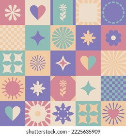 Mosaic seamless square pattern in retro vintage colors. Patchwork print, mosaic background of cute pastel decorative elements for festive wrapping paper, for children's fabric and textiles. 