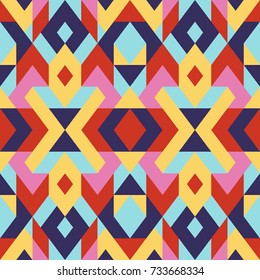 Mosaic seamless texture. Vector geometric background of triangles in blue, red and yellow colors. 