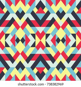 Mosaic seamless texture. Vector geometric background of triangles in light and dark blue, red and yellow colors