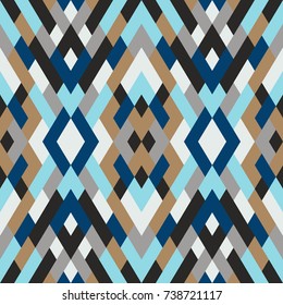 Mosaic seamless texture. Vector geometric background of triangles in light and dark blue, brown and gray colors. 