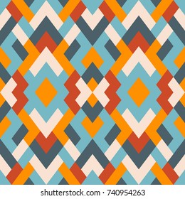 Mosaic seamless texture. Vector geometric background of triangles in blue, orange, white and yellow colors. 