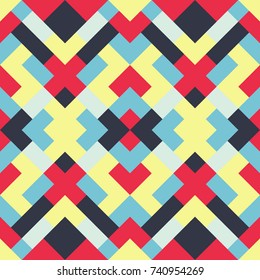 Mosaic seamless texture. Vector geometric background of triangles in blue, red and yellow colors. Bright pattern
