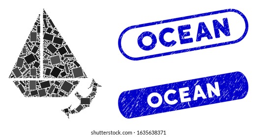 Mosaic seaport and rubber stamp seals with Ocean caption. Mosaic vector seaport is designed with scattered rectangle items. Ocean stamp seals use blue color, and have round rectangle shape.