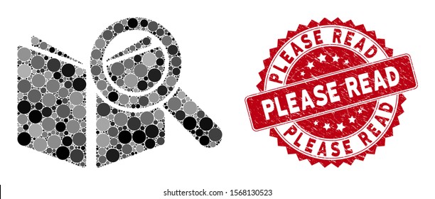 Mosaic search book and grunge stamp seal with Please Read phrase. Mosaic vector is designed with search book icon and with scattered round spots. Please Read stamp seal uses red color,