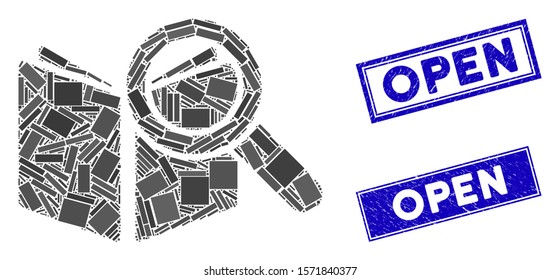 Mosaic search book icon and rectangular Open seals. Flat vector search book mosaic icon of scattered rotated rectangular elements. Blue Open rubber seals with grunge textures.