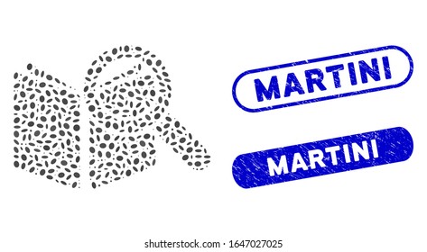 Mosaic search book and rubber stamp seals with Martini phrase. Mosaic vector search book is formed with randomized ellipse spots. Martini stamp seals use blue color, and have round rectangle shape.