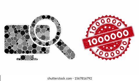 Mosaic search computer and grunge stamp seal with 1000000 phrase. Mosaic vector is formed with search computer icon and with randomized spheric items. 1000000 stamp seal uses red color,