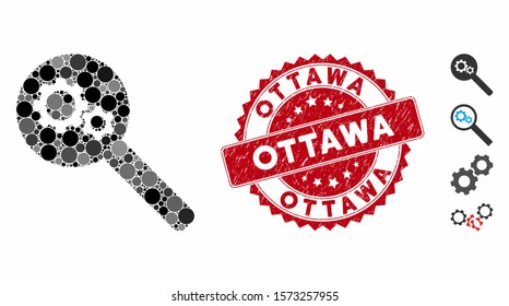 Mosaic search gears tool icon and rubber stamp seal with Ottawa text. Mosaic vector is formed with search gears tool icon and with random spheric spots. Ottawa stamp uses red color,