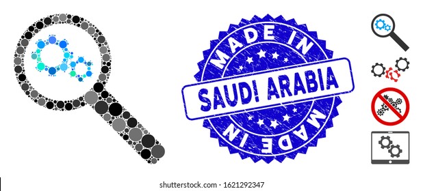 Mosaic search gears tool icon and rubber stamp watermark with Made in Saudi Arabia caption. Mosaic vector is designed with search gears tool icon and with scattered spheric items.