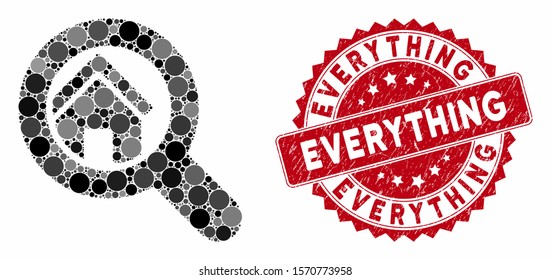 Mosaic search house and distressed stamp seal with Everything phrase. Mosaic vector is composed with search house icon and with scattered circle items. Everything stamp seal uses red color,