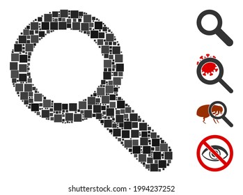 Mosaic Search icon composed of square elements in different sizes and color hues. Vector square elements are organized into abstract collage search icon. Bonus icons are placed.
