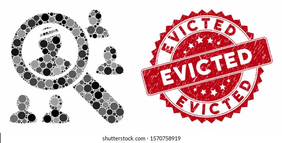 Mosaic search patients and rubber stamp seal with Evicted caption. Mosaic vector is created with search patients icon and with scattered round spots. Evicted stamp seal uses red color,