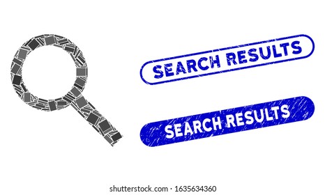 Mosaic search and rubber stamp seals with Search Results text. Mosaic vector search is designed with randomized rectangles. Search Results stamp seals use blue color, and have round rectangle shape.