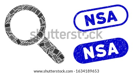 Mosaic search tool and distressed stamp seals with NSA text. Mosaic vector search tool is designed with random rectangles. NSA stamp seals use blue color, and have round rectangle shape.