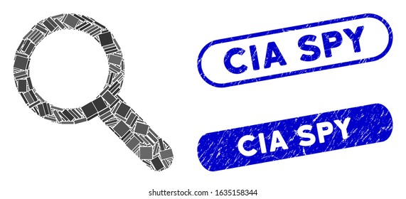 Mosaic search tool and grunge stamp seals with CIA Spy text. Mosaic vector search tool is designed with randomized rectangles. CIA Spy stamp seals use blue color, and have round rectangle shape.