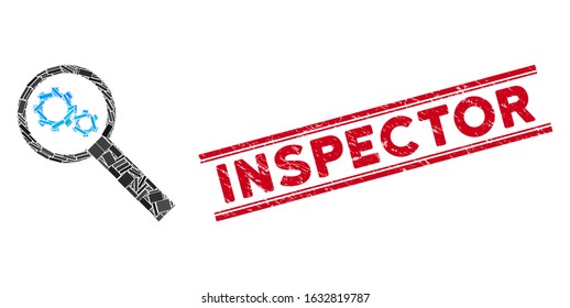 Mosaic search tools icon and red Inspector seal stamp between double parallel lines. Flat vector search tools mosaic icon of random rotated rectangle items. Red Inspector seal with dirty textures.