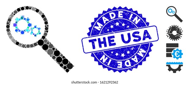 Mosaic search tools icon and rubber stamp watermark with Made in the USA text. Mosaic vector is composed with search tools icon and with random circle elements.