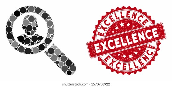 Mosaic search user and rubber stamp seal with Excellence text. Mosaic vector is designed with search user icon and with scattered round items. Excellence stamp uses red color, and rubber surface.