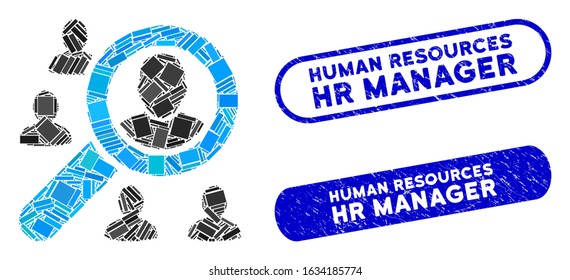 Mosaic search users and distressed stamp seals with Human Resources Hr Manager text. Mosaic vector search users is designed with random rectangle items.