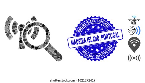 Mosaic search Wi-Fi network icon and distressed stamp seal with Madeira Island, Portugal caption. Mosaic vector is designed with search Wi-Fi network pictogram and with scattered circle spots.