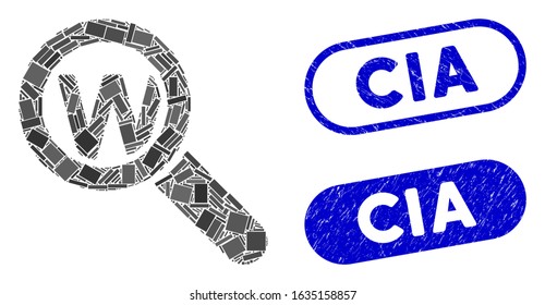 Mosaic search word and grunge stamp seals with CIA caption. Mosaic vector search word is formed with randomized rectangles. CIA stamp seals use blue color, and have round rectangle shape.
