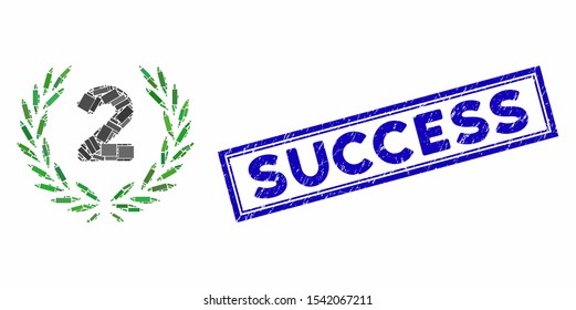 Mosaic second laurel wreath and distressed stamp seal with Success text. Mosaic vector second laurel wreath is composed with random rectangle items. Success stamp uses blue color.