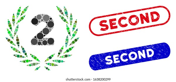 Mosaic second laurel wreath and grunge stamp seals with Second phrase. Mosaic vector second laurel wreath is created with randomized round elements. Second seals use blue and red colors,